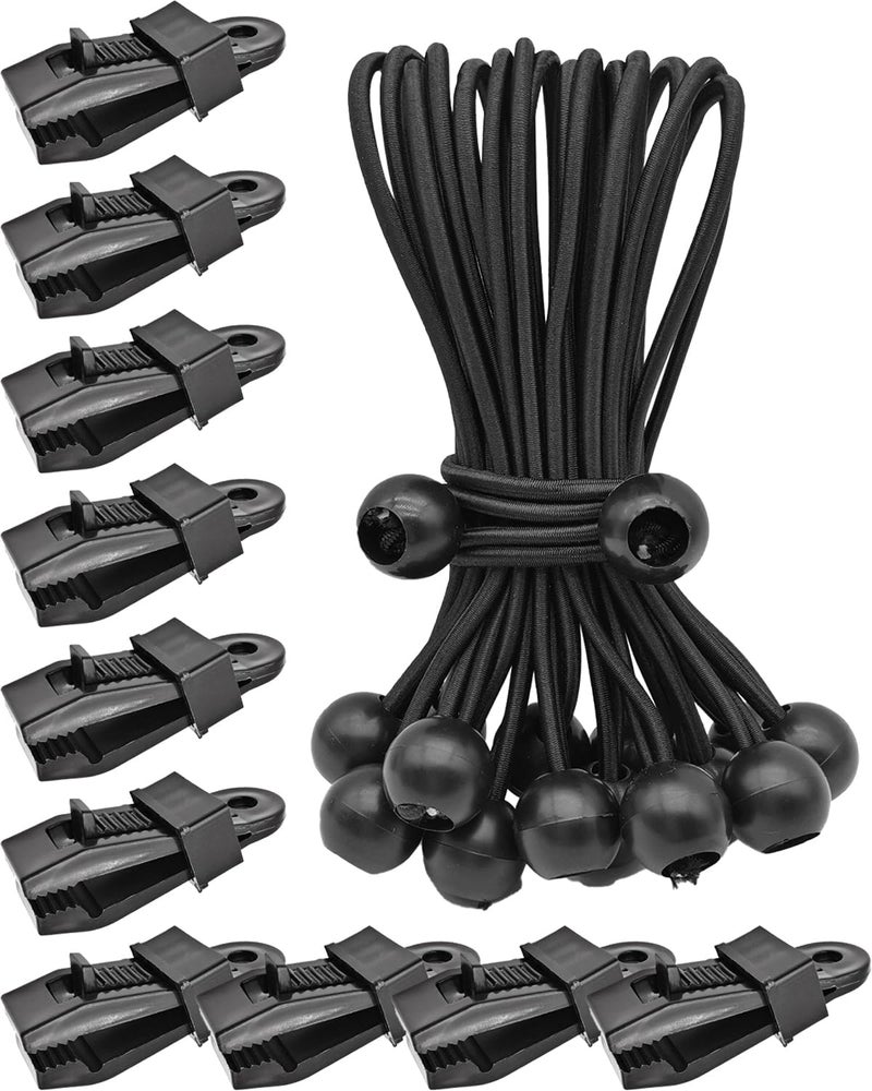 AOBYMIN Tarp Clips Lock Grip, 20 Pack Tarp Clamps Heavy Duty and Ball Bungee Cords Set, Tent Clips with 6 Inch Bungie Cord Balls for Awnings Camping, Patio Umbrellas, Pool Awning Cover - Image 1